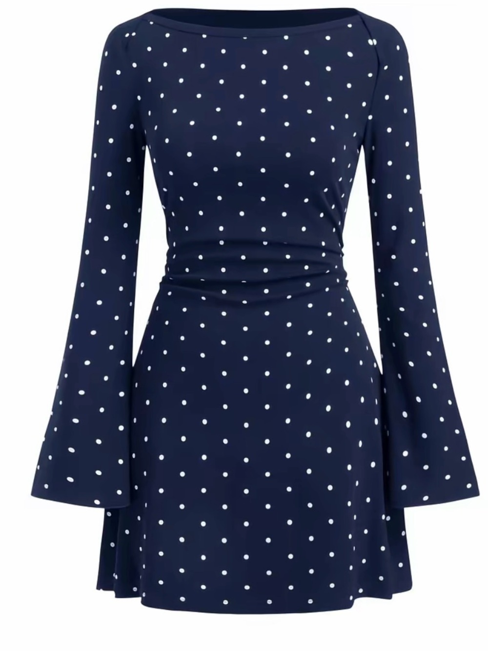 Cider COTTON-BLEND BOAT NECK POLKA DOT RUCHED BELL SLEEVE MINI DRESS XXS New